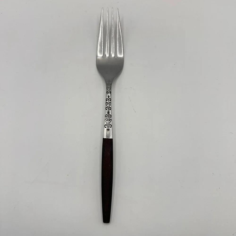 Vintage Interpur Stainless Steel Salad Fork Wood Scroll Heart Pattern Japan